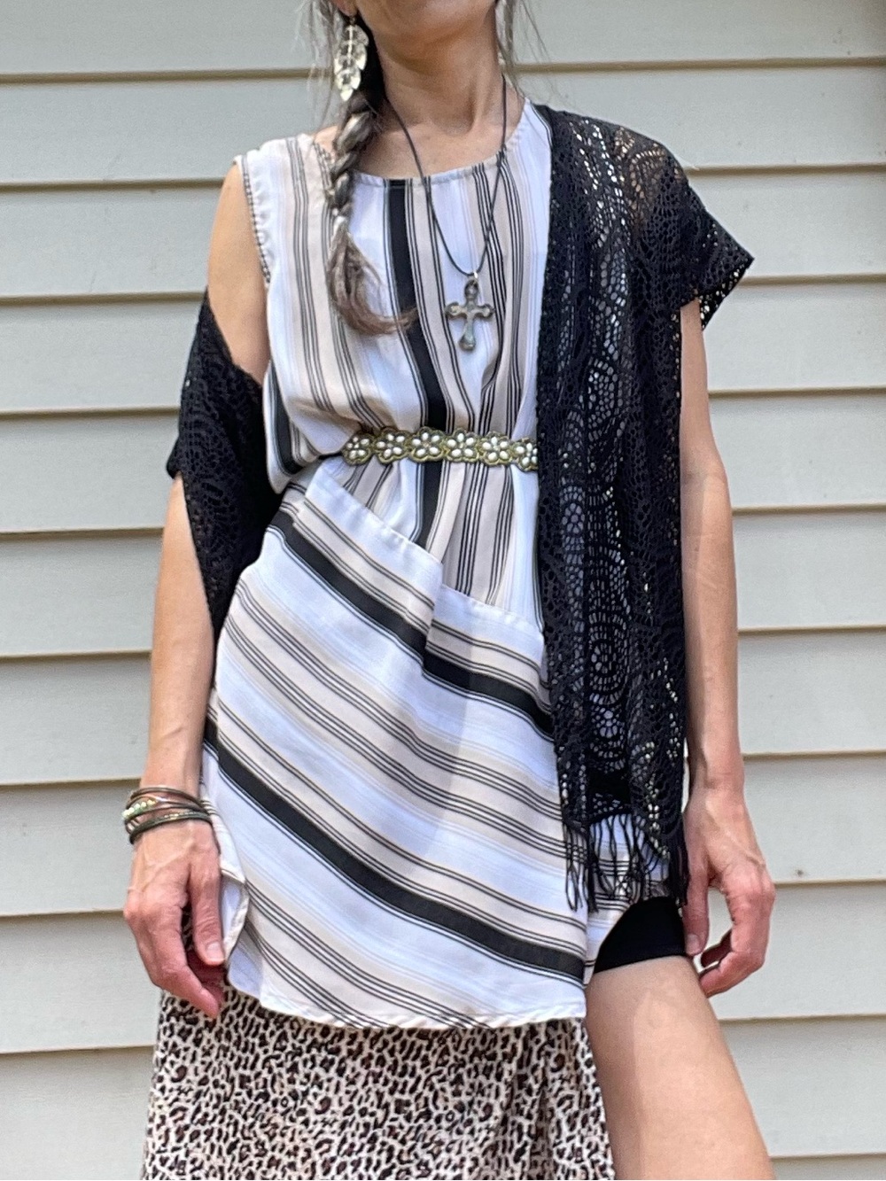 Asymmetrical Striped Black & White Sleeveless Tunic Top